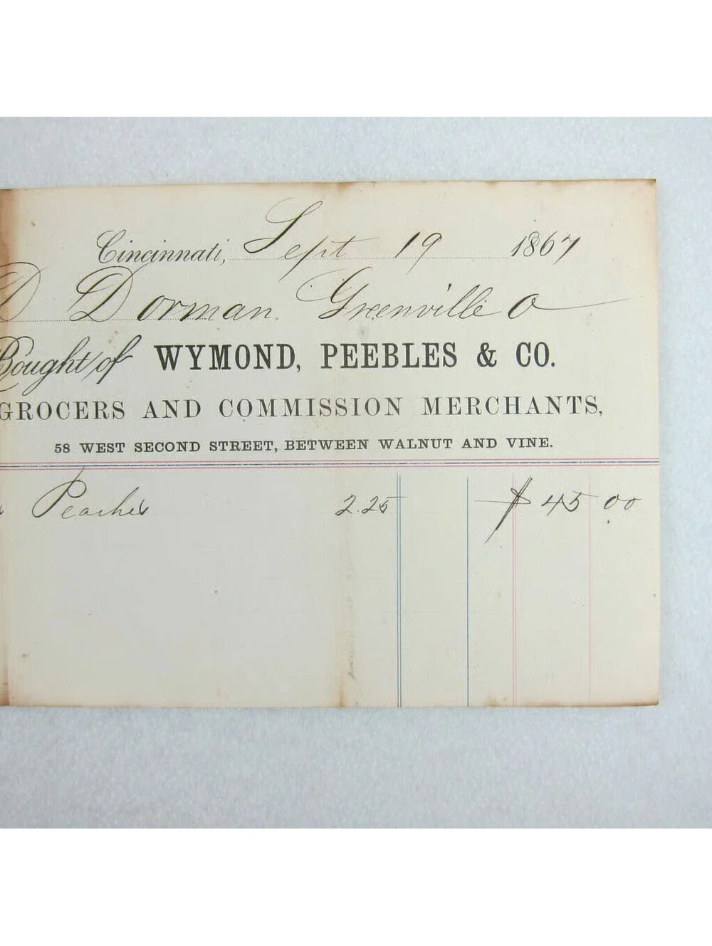 Antique 1867 Wymond Peebles Co Wholesale Grocer Cincinnati Ohio Receipt Invoice